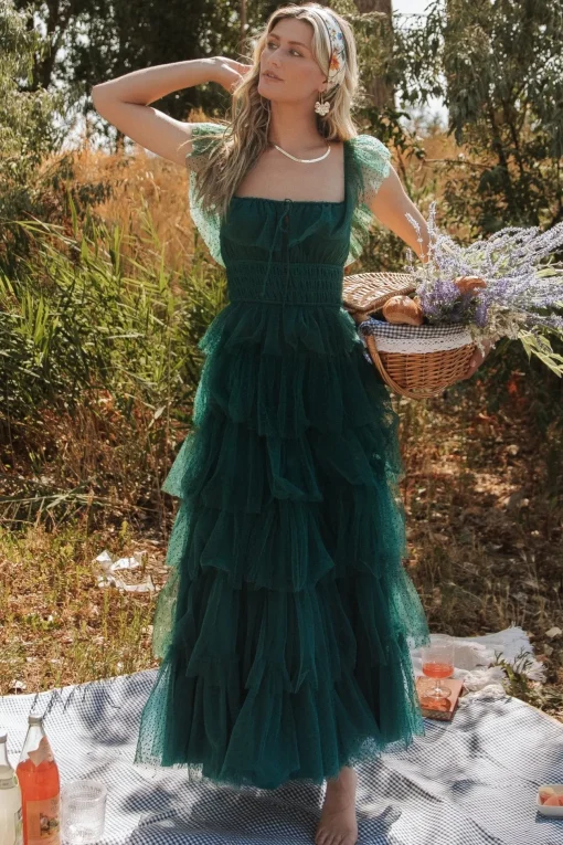 Valora Swiss Dot Tulle Maxi Dress | Dark Green | Baltic Born Hot
