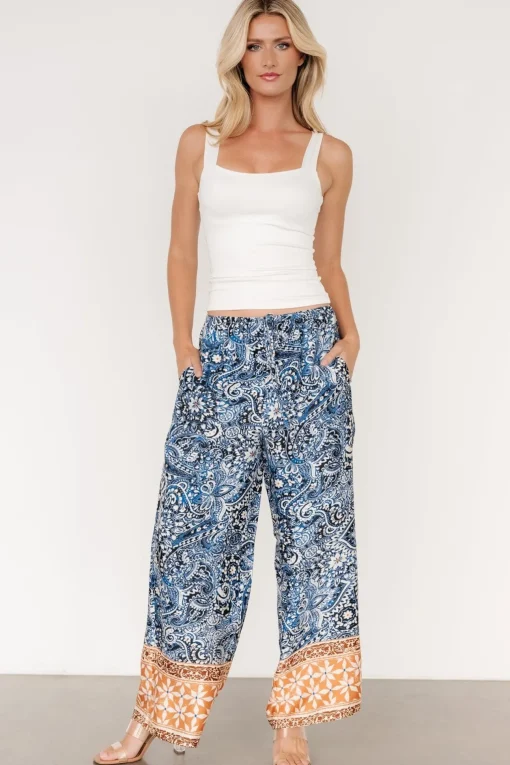 Zora Boho Satin Pants | Blue Multi Print | Baltic Born Online