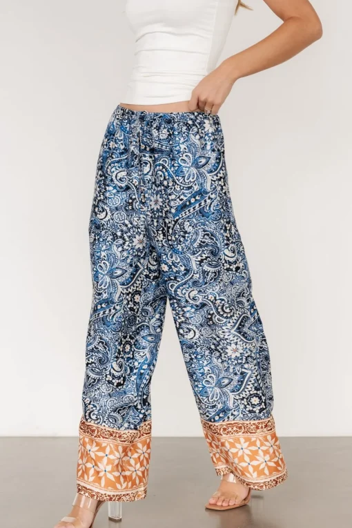 Zora Boho Satin Pants | Blue Multi Print | Baltic Born Online
